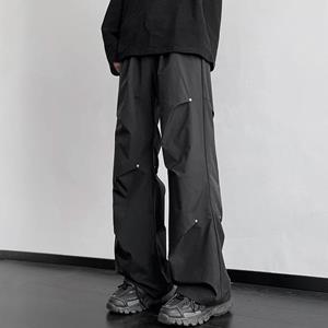 Trending Online 2024 Spring Straight Casual Pants For Men Wide Leg Solid Color Cargo Pants Elastic Waist Harajuku Men's Pants