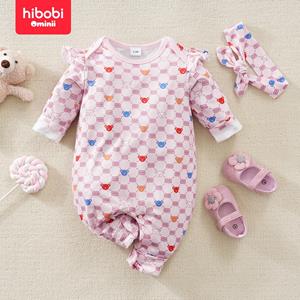 Hibobi ominii hibobi 2-Piece Baby Girl Bear Pattern Long-Leg Jumpsuit Round Neck Crawl Suit For 0-18 Months Baby