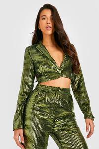 Boohoo Tall Korte Glitter Blazer Met Pailletten, Olive