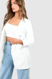Boohoo Basic Woven Turn Cuff Relaxed Fit Blazer, Ivory