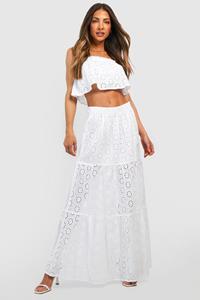 Boohoo Off Shoulder Top En Broderie Maxi Rok Met Laagjes, Ivory