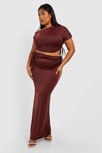 Boohoo Plus Ruched Drape Shoulder Crop Top And Maxi Skirt, Cherry