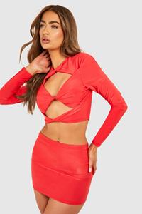 Boohoo Twist Front Cut Out Long Sleeve Top & Mid Rise Mini Skirt, Cherry