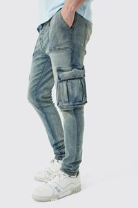 Boohoo Mens Tall Skinny Fit Worker Detail Cargo Jeans, Antique Blue