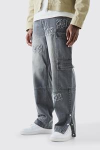 Boohoo Baggy Rigid Bm Applique Multi Pocket Cargo Jeans In Grey, Grey