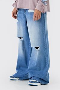 Boohoo Extreme Baggy Frayed Self Fabric Applique Jeans, Light Blue
