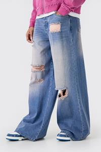 Boohoo Extreme Baggy Overdyed Frayed Self Fabric Applique Jeans, Pink