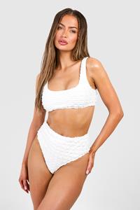 Boohoo Textured Ruffle Scoop Bikini Top, White