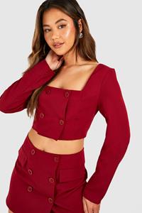 Boohoo Square Neck Button Detail Crop, Cherry