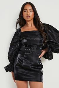 Boohoo Petite Jurk Met Extreem Volle Mouwen En Ceintuur, Black