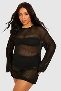 Boohoo Plus Knitted Crochet Beach Dress, Black