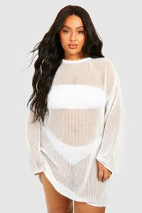 Boohoo Plus Knitted Crochet Beach Dress, Cream
