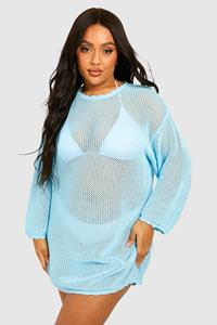 Boohoo Plus Knitted Crochet Beach Dress, Baby Blue