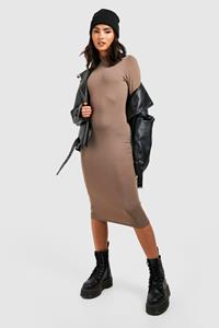 Boohoo Bodycon Midi Jurk Met Col En Lange Mouwen, Mocha