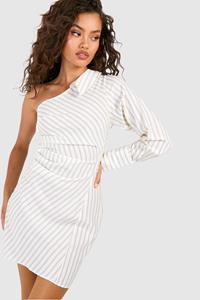 Boohoo Stripe Asymmetric Rouched Shirt Dress, Stone