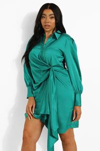 Boohoo Plus Gedrappeerde Satijnen Statement Blouse Jurk, Emerald