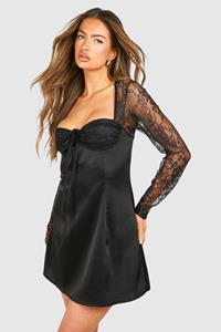 Boohoo Satin Lace Sleeve Mini Dress, Black