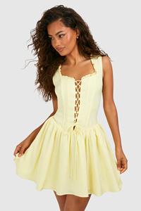 Boohoo Tie Detail Milkmaid Mini Dress, Lemon