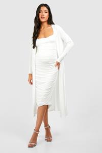 Boohoo Maternity Strappy Cowl Neck Dress And Duster Coat, White