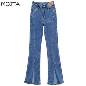 MOJTA Women Fashion Spring Autumn All-match Flared Jeans High Waist Denim Pants straight Stretch Slim split Fit Trousers