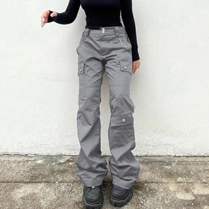 FIVE FIVE Grijze casual gestikte cargobroek met zakken, dames lage taille, vintage streetwear jeans, Koreaanse mode, rechte denimbroek