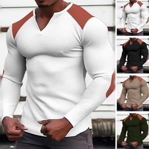 Meizhenchang Men Slim Fit T-shirt V-neck Long Sleeve Tee Shirt Patchwork Color Waffle Texture Sport Tops Casual Breathable Tops