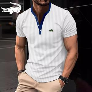 CARTELO 2024 Summer Men's Solid Color Pit Stripe Casual Button V-neck Slim Fit Embroidered Short Sleeved T-shirt