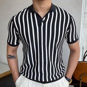 Phoca largha Zomer zwart-wit gestreept zakelijk casual poloshirt voor heren, groot los ademend heren-T-shirt met korte mouwen
