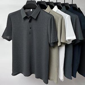 HerSight Mesh Ice Silk Polos Top Short Sleeve T-shirt Men's Lapel Collar Summer Solid Color Sliding Polo Shirts
