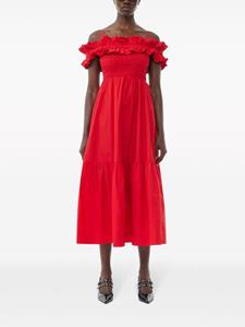 GANNI Popeline midi-jurk met ruches - Rood