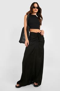 Boohoo Tall Linen Ruched Front Maxi Skirt, Black