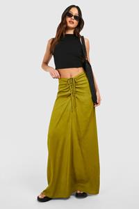 Boohoo Tall Linen Ruched Front Maxi Skirt, Khaki