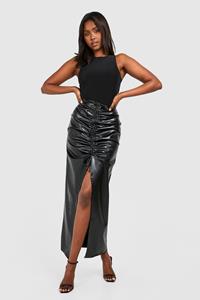 Boohoo Ruched Leather Look Split Maxi Skirt, Black