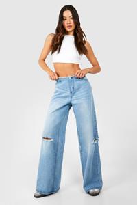 Boohoo Tall Low Rise Bleach Washed Wide Leg Jean, Vintage Wash
