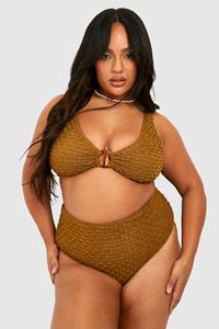 Boohoo Plus Popcorn Bikini Met Textuur, Ceintuur En Hoge Taille, Taupe