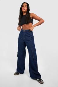 Boohoo Contrast Topstitch Wide Leg Cargos, Indigo