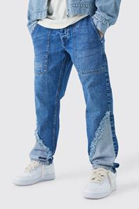 Boohoo Relaxed Rigid Frayed Spliced Jeans In Mid Blue, Mid Blue