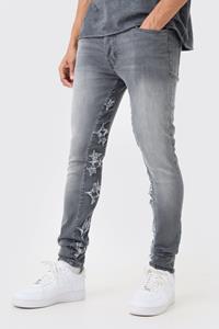 Boohoo Skinny Stretch Overdyed Applique Gusset Jeans In Grey, Grey