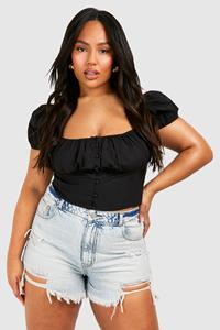 Boohoo Plus Woven Button Front Puff Sleeve Top, Black