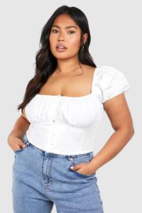 Boohoo Plus Woven Button Front Puff Sleeve Top, White