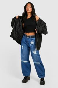 Boohoo Petite Washed Blue Distressed Straight Leg Jeans, Wash Blue
