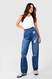 Boohoo Tall Washed Blue Distressed Straight Leg Jeans, Washed Blue