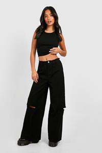 Boohoo Petite Low Rise Washed Wide Leg Jean, Washed Black