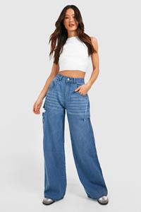 Boohoo Tall Blue Washed Side Rip Wide Leg Jeans, Mid Blue