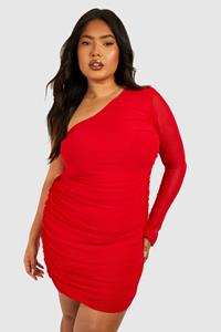 Boohoo Plus Mesh One Shoulder Ruched Bodycon Dress, Red