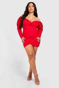 Boohoo Plus Bardot Wrap Bodycon Dress, Red