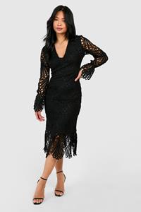 Boohoo Petite Premium Lace Plunge Front Midaxi Dress, Black