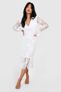 Boohoo Petite Premium Lace Plunge Front Midaxi Dress, White