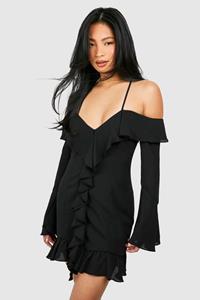 Boohoo Petite Plunge Ruffle Flare Cuff Mini Dress, Black