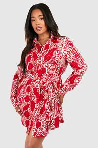 Boohoo Plus Paisley Printed Shirt Dress, Red
